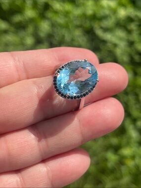 Large Natural Swiss Blue Topaz Halo Ring Sapphire Accent 925 Silver Size 7.5